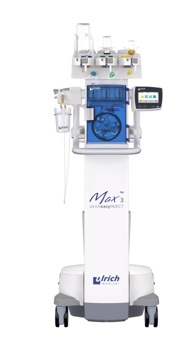 Vue de face de l'injecteur de produit de contraste Max 3 de la société ulrich medical | © ulrich medical. Tous droits réservés. L'utilisation, la reproduction ou la transmission sans autorisation expresse est interdite.