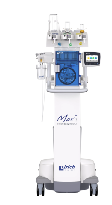 Frontalansicht des Kontrastmittelinjektors Max 3 der Firma ulrich medical | © 2025 ulrich medical. Alle Rechte vorbehalten. Die Verwendung, Vervielfältigung oder Weitergabe ohne ausdrückliche Genehmigung ist nicht gestattet.