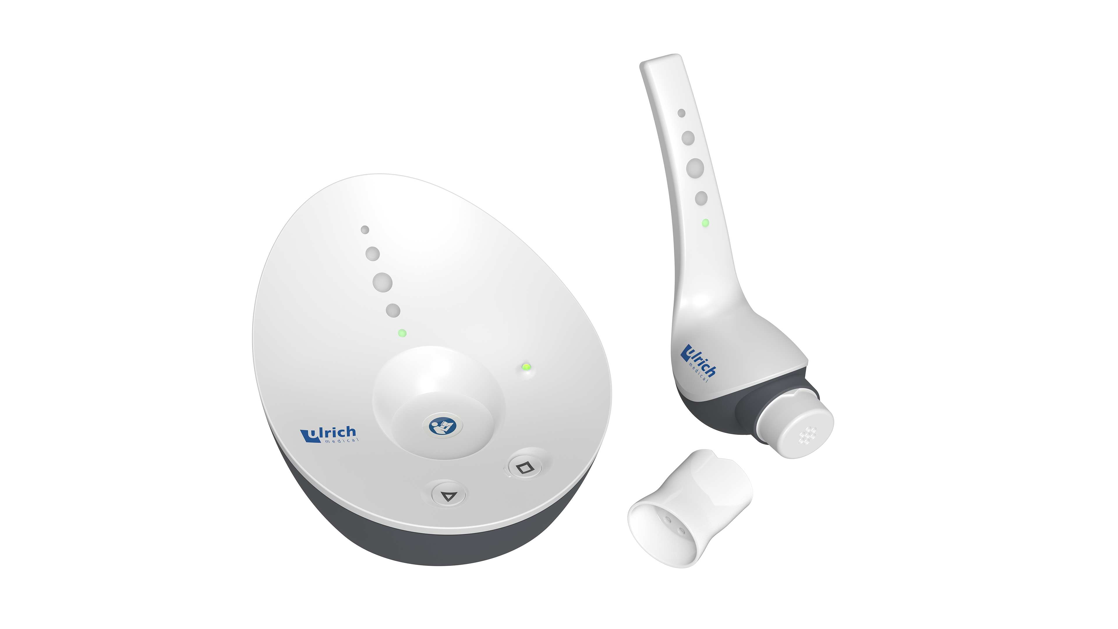 Product view of the Contrast Booster patient unit, the charging unit and the disposable mouthpiece from ulrich medical.