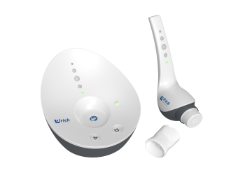 Product view of the Contrast Booster patient unit, the charging unit and the disposable mouthpiece from ulrich medical.