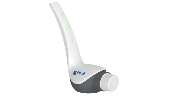 Angled view of the patient unit of the Contrast Booster from ulrich medical with illuminated LED lights