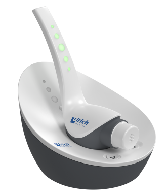 Product view of the Contrast Booster patient unit from ulrich medical in the charging unit.