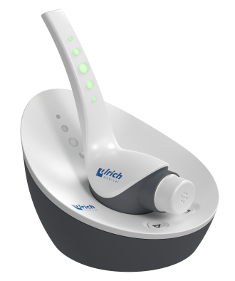Product view of the Contrast Booster patient unit from ulrich medical in the charging unit.