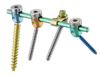 Übersichtsbild des dorsalen Stab-Schrauben-Systems neon³ der Firma ulrich medical | © 2025 ulrich medical. Alle Rechte vorbehalten. Die Verwendung, Vervielfältigung oder Weitergabe ohne ausdrückliche Genehmigung ist nicht gestattet.