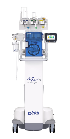 Frontalansicht des Kontrastmittelinjektors Max 3 der Firma ulrich medical | © 2025 ulrich medical. Alle Rechte vorbehalten. Die Verwendung, Vervielfältigung oder Weitergabe ohne ausdrückliche Genehmigung ist nicht gestattet.
