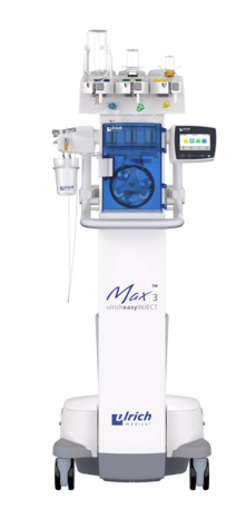 Front view of the contrast media injector Max 3 of the company ulrich medical | © ulrich medical. All rights reserved. Use, reproduction or transfer without express authorization is not permitted.