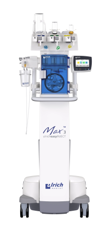 Vista frontal del inyector de medio de contraste Max 3 de la empresa ulrich medical | © Ulrich Medical. Todos los derechos reservados. Queda prohibido el uso, la reproducción o la distribución sin autorización expresa.