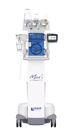 Vista frontal del inyector de medio de contraste Max 3 de la empresa ulrich medical | © Ulrich Medical. Todos los derechos reservados. Queda prohibido el uso, la reproducción o la distribución sin autorización expresa.