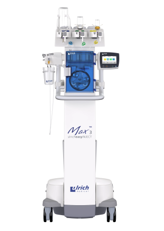 Frontalansicht des Kontrastmittelinjektors Max 3 der Firma ulrich medical | © 2025 ulrich medical. Alle Rechte vorbehalten. Die Verwendung, Vervielfältigung oder Weitergabe ohne ausdrückliche Genehmigung ist nicht gestattet.